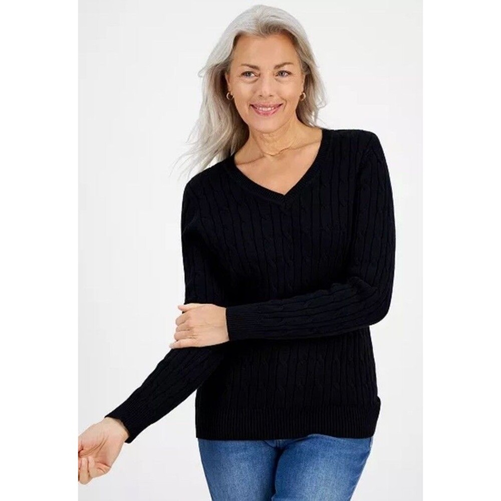 🖤Style & Co Black Cotton Cable Knit V Neck Sweater Wardrobe Essential Women Sz M
